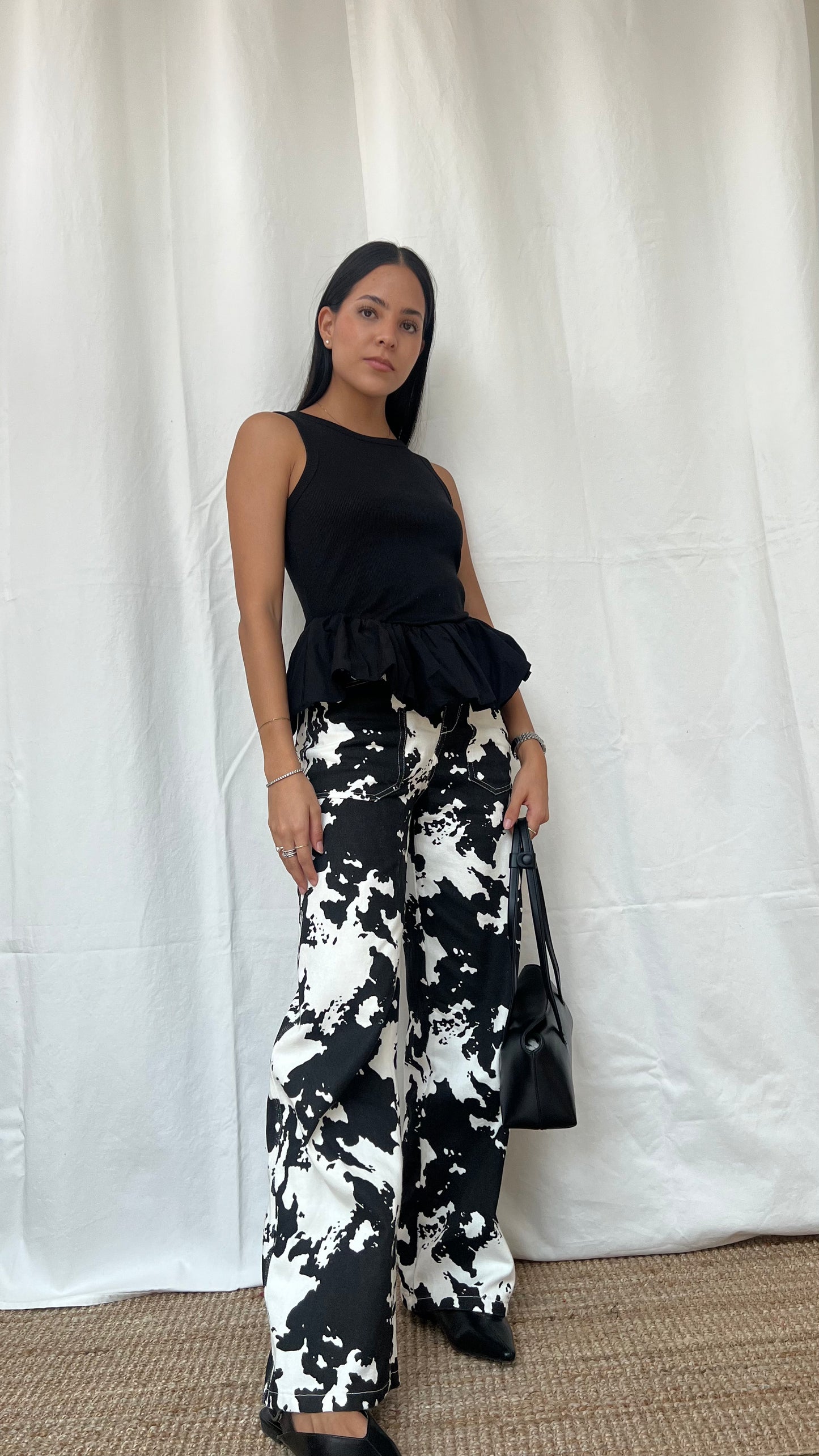 Jeans wide leg, estampado cow