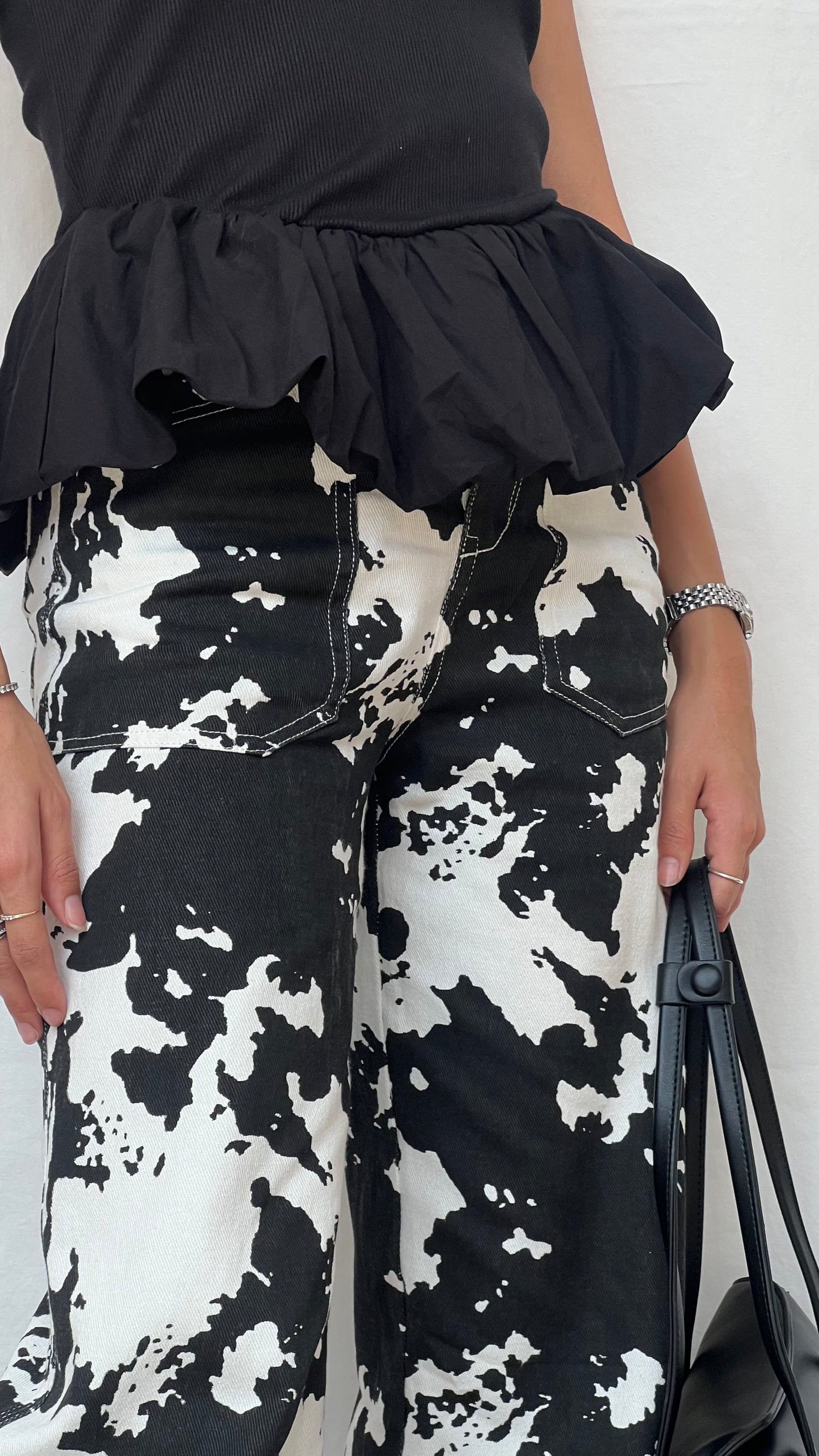Jeans wide leg, estampado cow