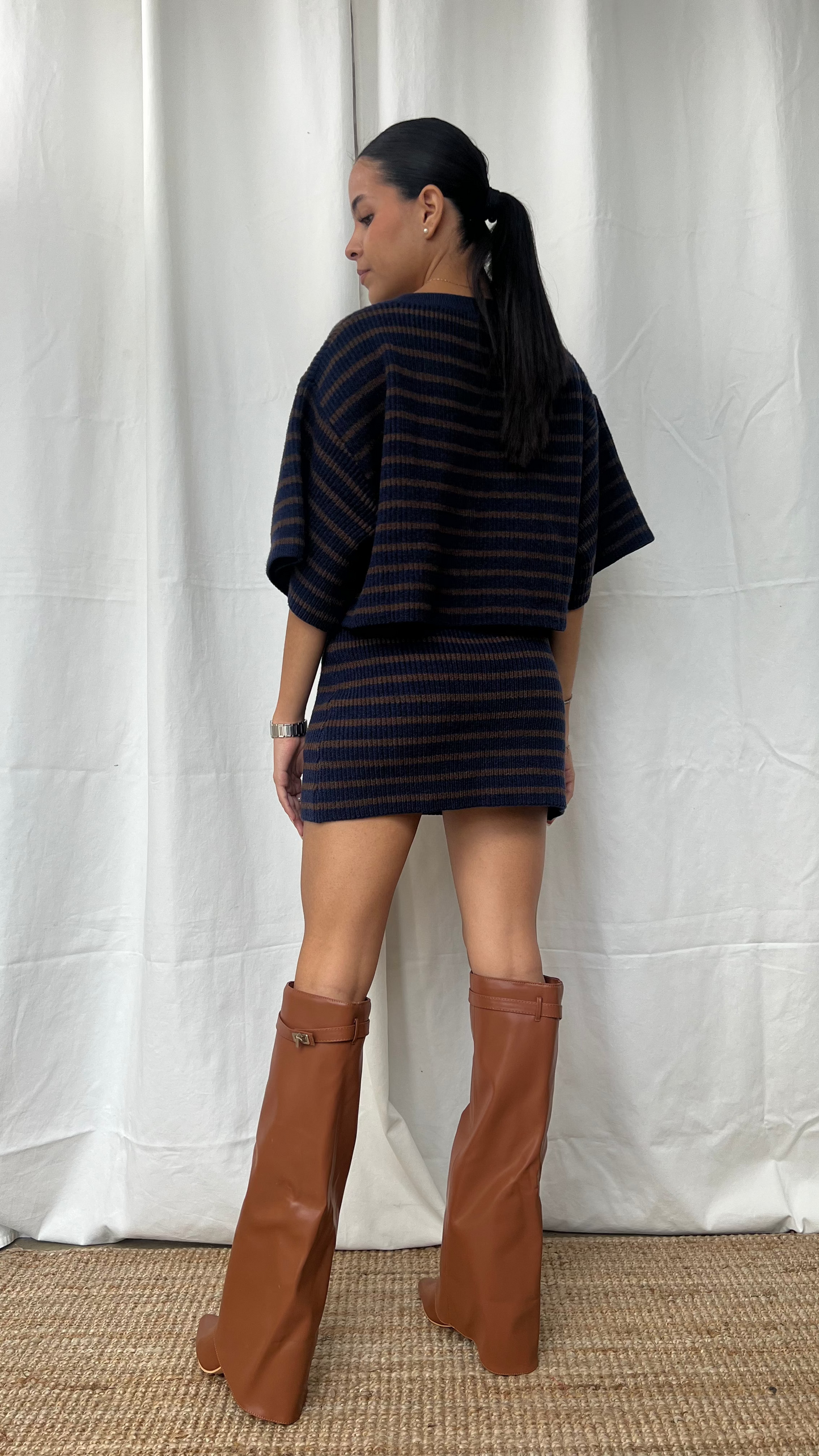 Set de punto a rayas azul