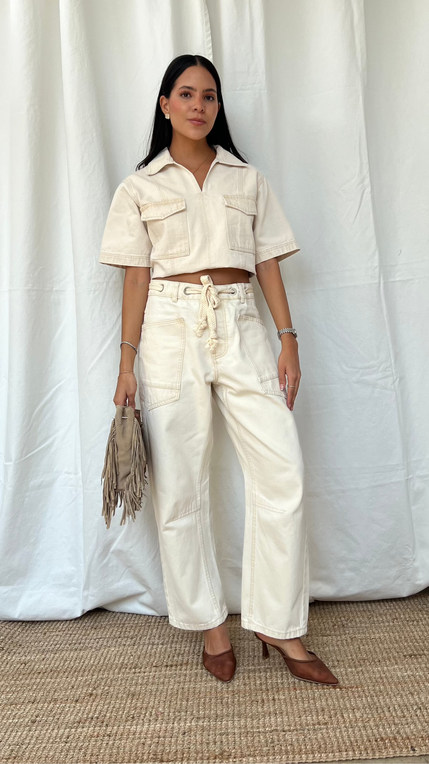 Set de top y pantalón denim en beige