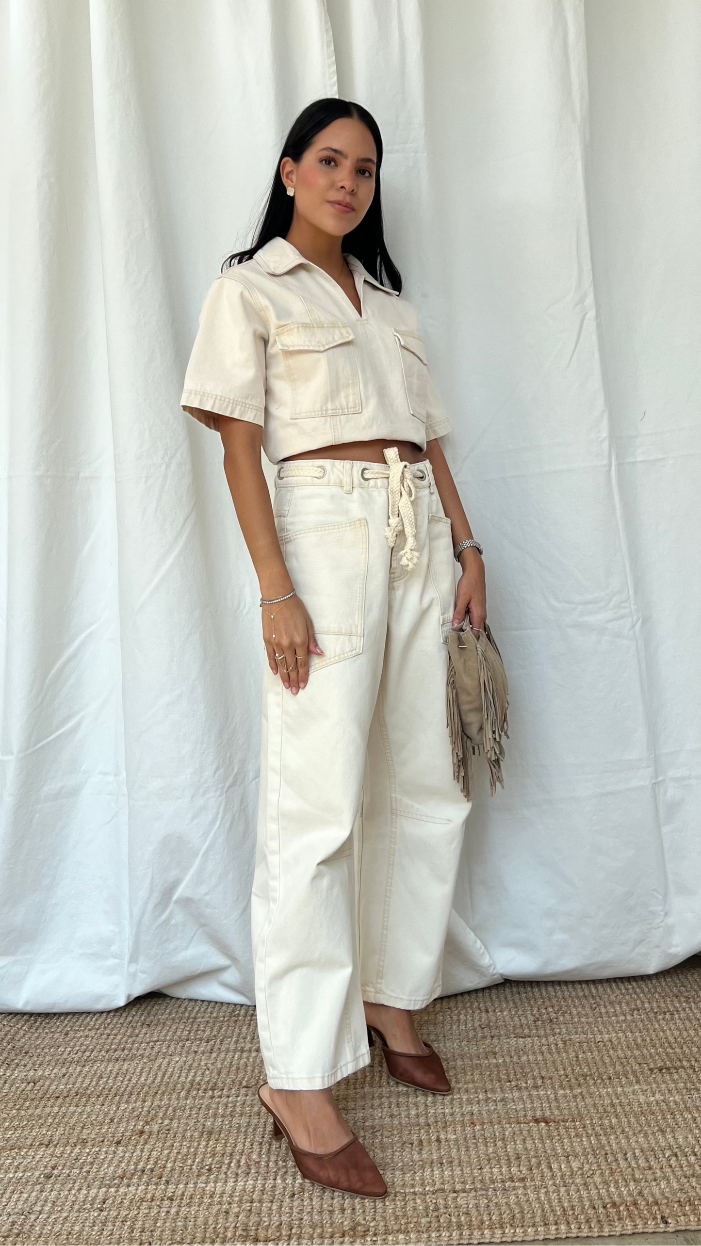 Set de top y pantalón denim en beige