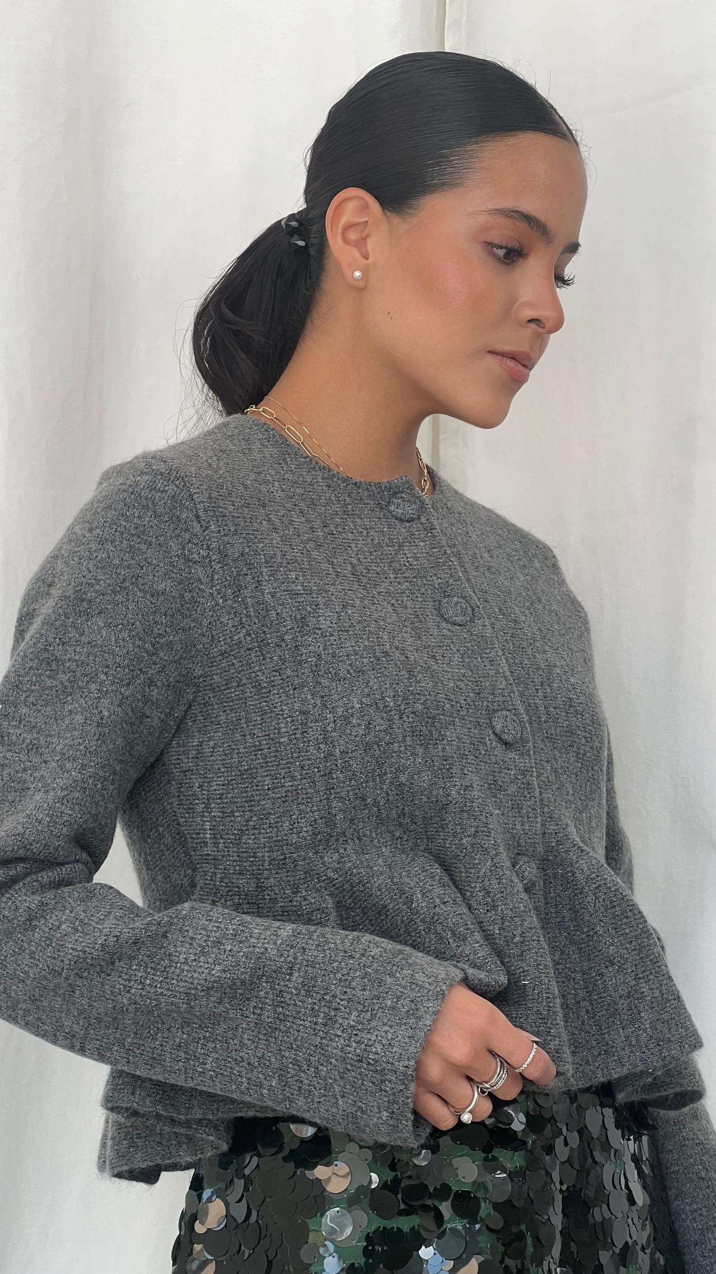 Cárdigan efecto peplum gris