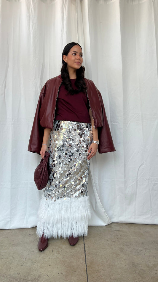 Falda maxi lentejuela con plumas