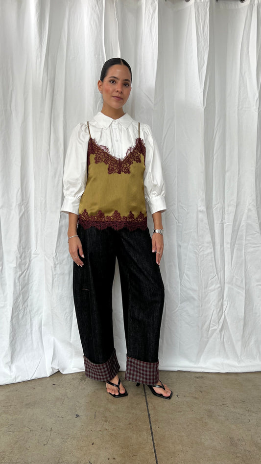 Top satin olivo