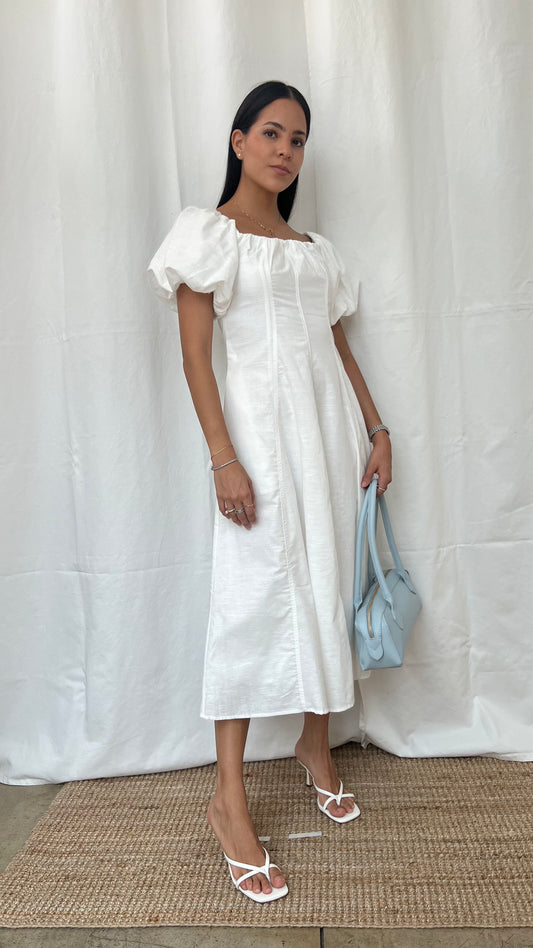 Vestido de manga globo midi en Blanco