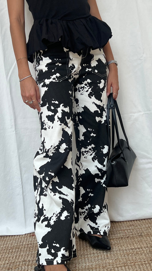 Jeans wide leg, estampado cow
