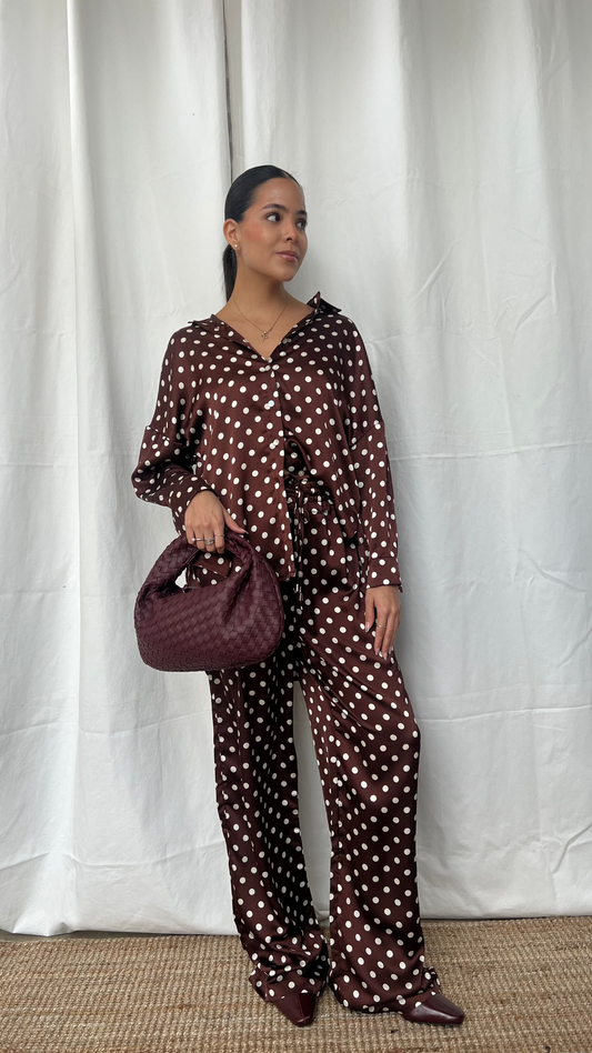 Pantalón polka dott café y blanco