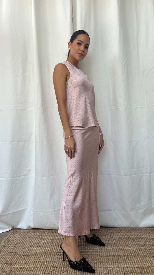 Falda midi rosa de puntos