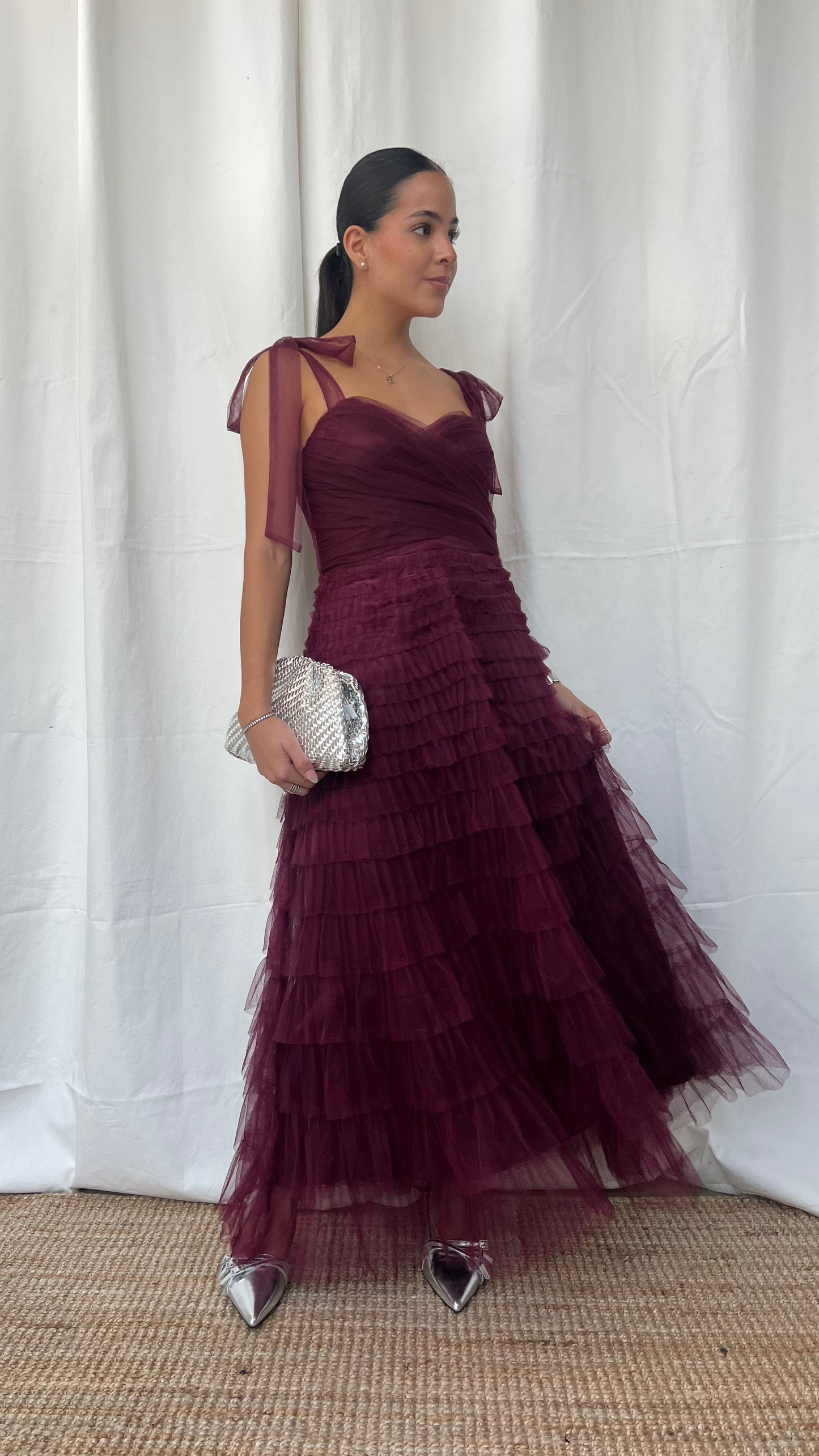 Vestido maxi efecto drapeado en tinto