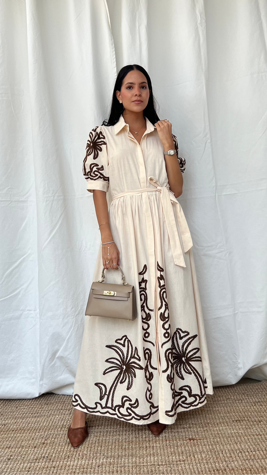 Vestido beige con estampado palmeras