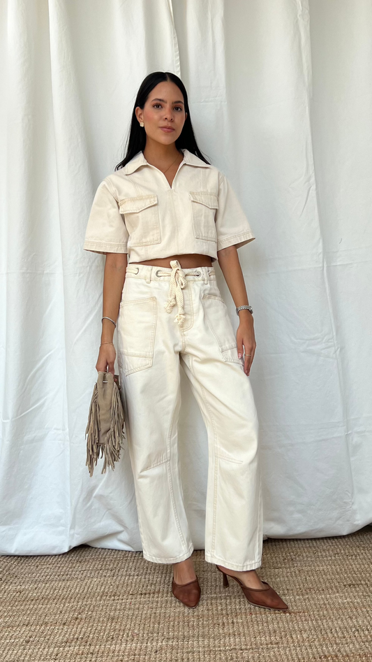 Set de top y pantalón denim en beige
